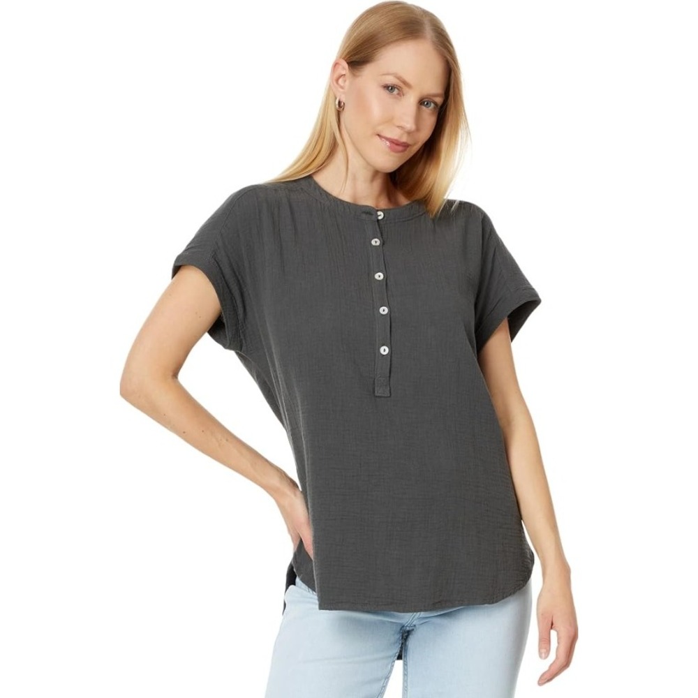 Faherty Desmond Gauze Top Blouse Womens Size XL Washed Black Short Sleeve Henley